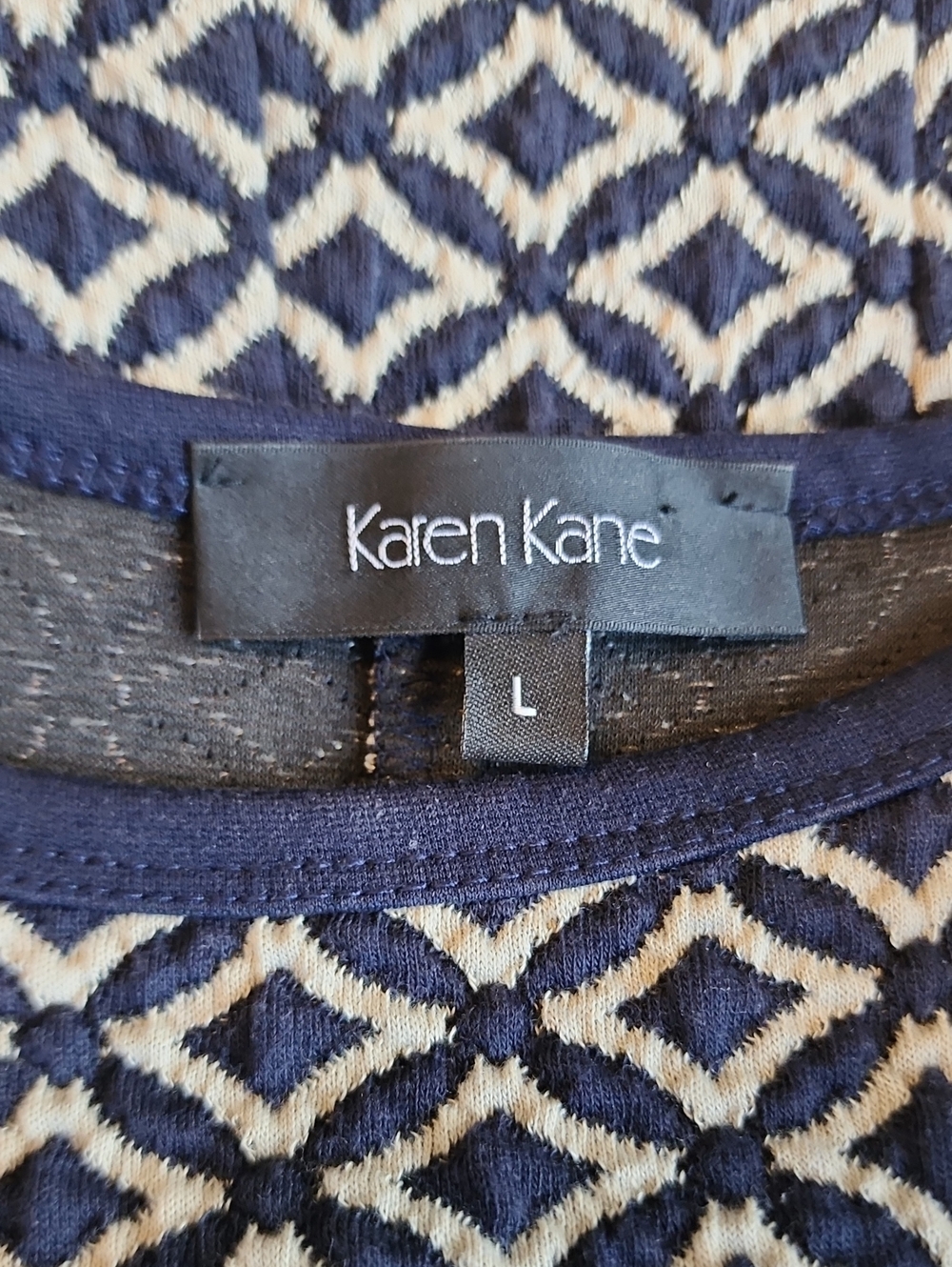 Karen Kane Womens Sleeveless Blue Cream Diamond Print Round Neck Dress Large - Picture 8 of 8